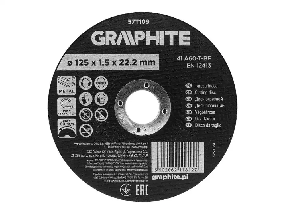 Řezný kotouč na kov GRAPHITE, oxid hlinitý, 125 × 1,5 × 22,2 mm, 41 A60-T-BF Dokud Zásoby Vydrží