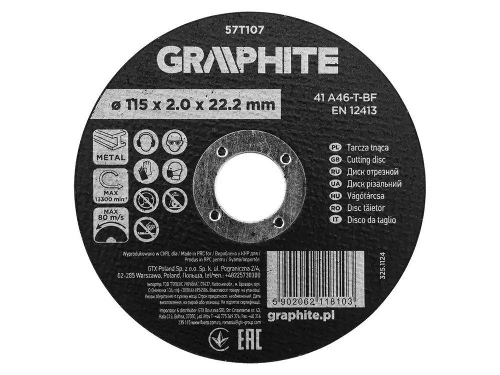 Řezný kotouč GRAPHITE na kov 115 × 2,0 mm, plochý (41 A46-T-BF) Originální
