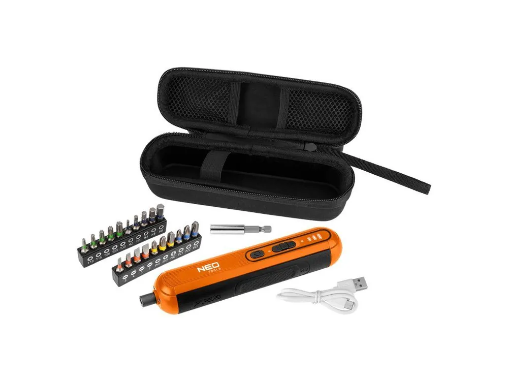 Sleva Akumulátorový šroubovák NEO TOOLS – 4V, Li-Ion, USB-C, 20 bitů, LED osvětlení