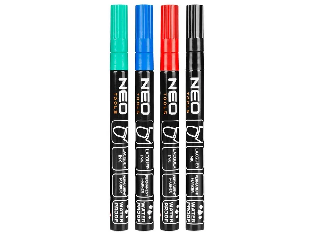 Akční Cena Stavební popisovač NEO TOOLS – 4 barvy, permanentní, voděodolný, lakový, hliníkový, sada 4 ks