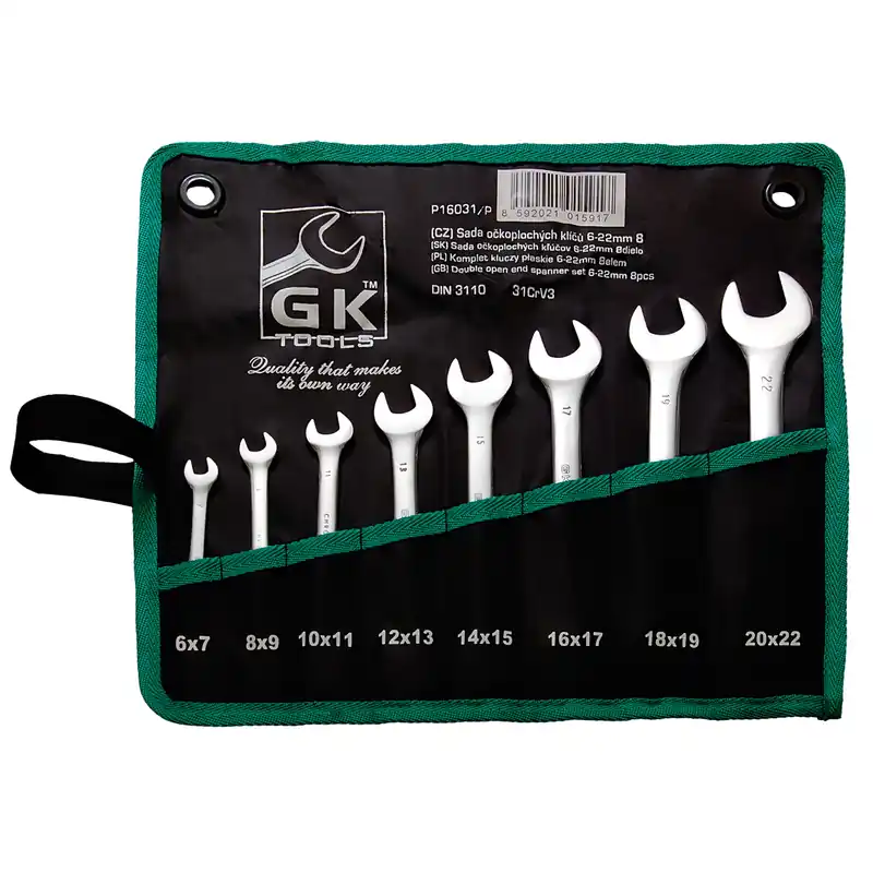 GK TOOLS Sada plochých klíčů, chrom | 6-22 mm, 8 dílů, textilní obal Autentický