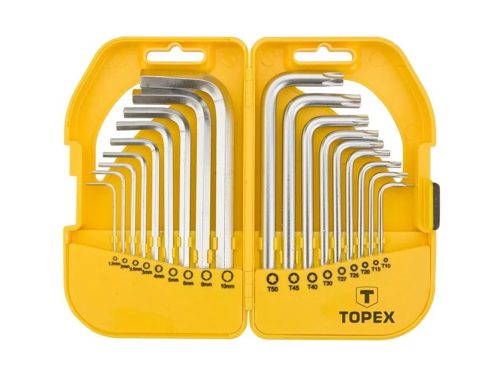 Doprava Zdarma Sada šestihranných a torx klíčů, CrV, 18 ks, krátký, HEX: 1,5, 2, 2,5, 3, 4, 5, 6, 8, 10; Torx: T10, T15, T20, T25, T27, T30, T40, T45, T50