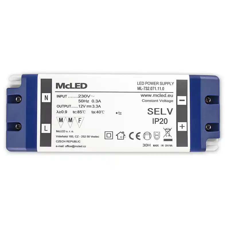 MCLED ZDROJ NAPÁJECÍ 40W DC12V/3,3A IP20 PLAST. PROVEDENÍ SE SVORK. ML-732.071.11.0 Rychlé Dodání