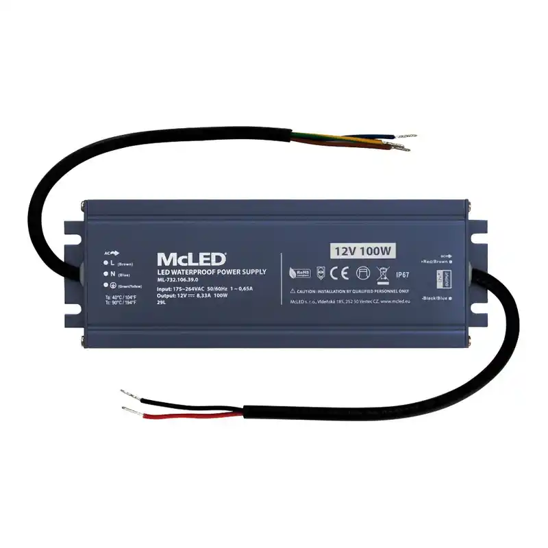 MCLED ZDROJ NAPÁJ. 100W DC12V 8,33A IP67 HLINÍK ML-732.106.39.0 Novinka