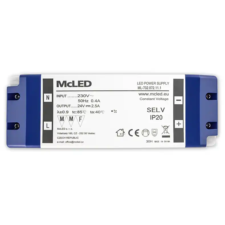 MCLED ZDROJ NAPÁJ. 60W DC24V/2,5A IP20 PLASTOVÉ PROVEDENÍ SE SVORKOVNICÍ ML-732.072.11.1 Novinka