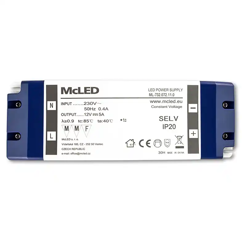 Hit Sezóny MCLED ZDROJ NAPÁJECÍ 60W DC12V/5A IP20 PLASTOVÉ PROVEDENÍ SE SVORKOVNICÍ ML-732.072.11.0