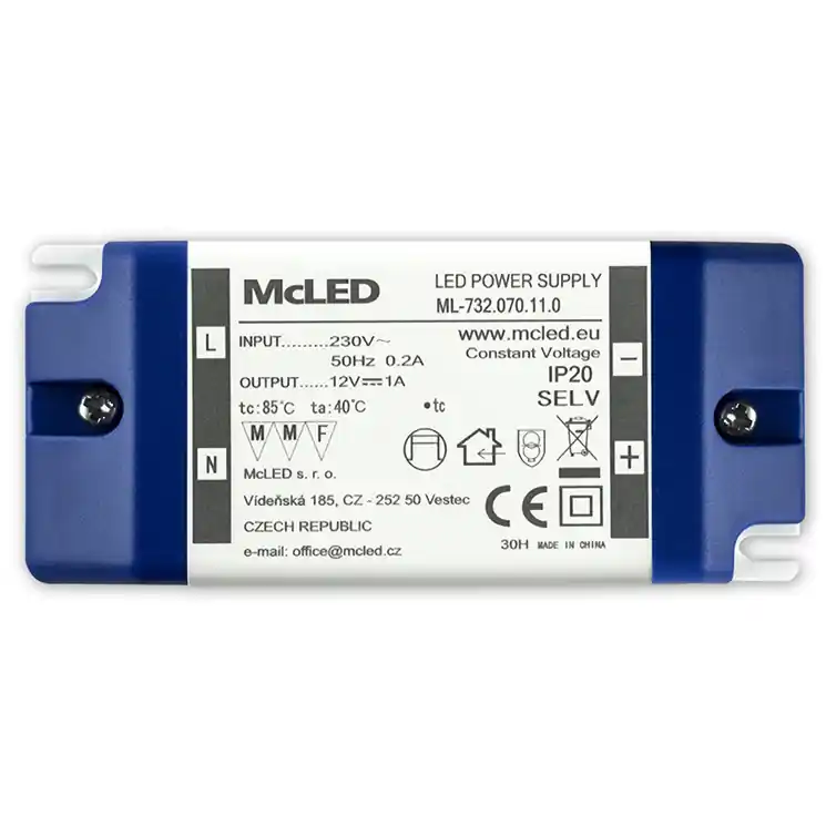 MCLED ZDROJ NAPÁJ 12W DC12V/1A IP20 PLASTOVÉ PROV. SE SVORK. ML-732.070.11.0 Nová Kolekce