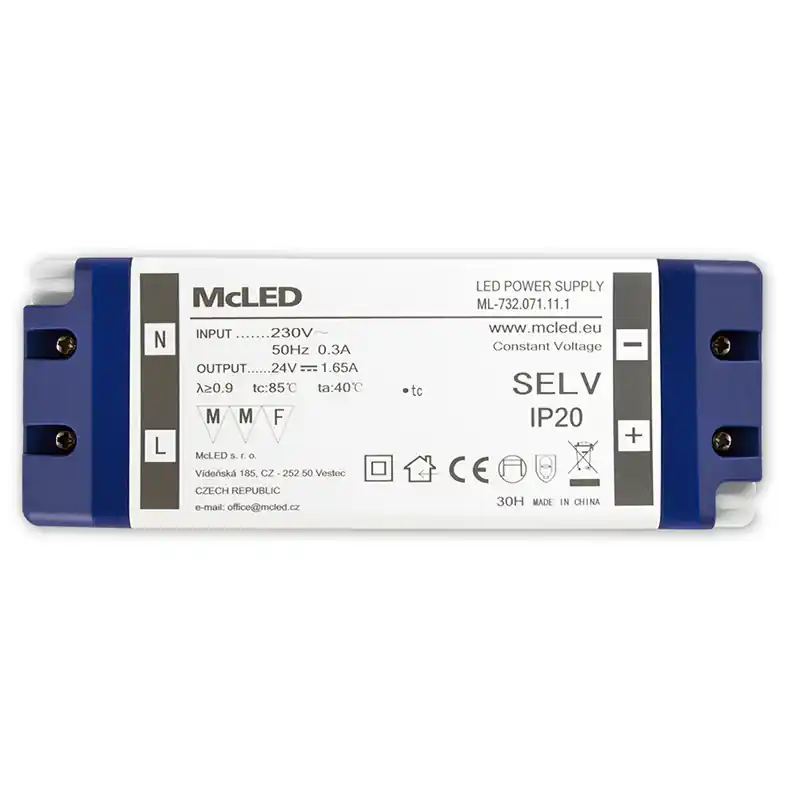 Omezená Nabídka MCLED ZDROJ NAPÁJECÍ 40W DC24V/1,65A IP20 PLASTOVÉ PROV. SE SVORK. ML-732.071.11.1
