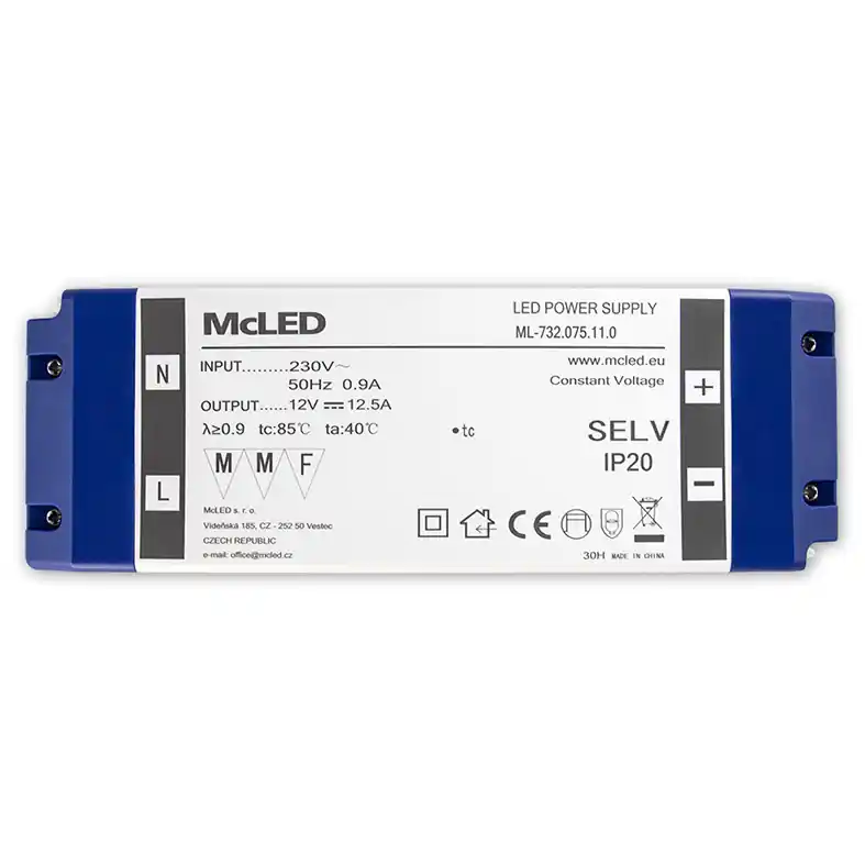 MCLED ZDROJ NAPÁJECÍ 150W DC12V/12,5A IP20 PLASTOVÉ PROVEDENÍ SE SVORKOVNICÍ ML-732.075.11 Přímo Od Výrobce