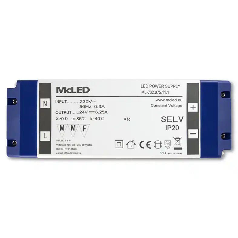 MCLED ZDROJ NAPÁJ. 150W DC24V 6,25A IP20 PLAST. PROVEDENÍ SE SVORKOVNICÍ ML-732.075.11.1 Nová Kolekce