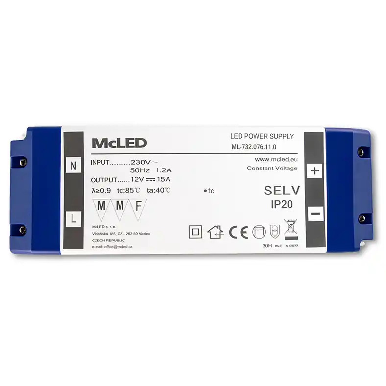 Hit Sezóny MCLED ZDROJ NAPÁJ. 180W DC12V/15A IP20 PLASTOVÉ PROVEDENÍ SE SVORKOVNICÍ ML-732.076.11.0