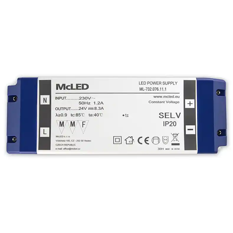 Dokud Zásoby Vydrží MCLED ZDROJ NAPÁJ. 200W DC24V/8,3A IP20 PLASTOVÉ PROVEDENÍ SE SVORKOVNICÍ ML-732.076.11.1