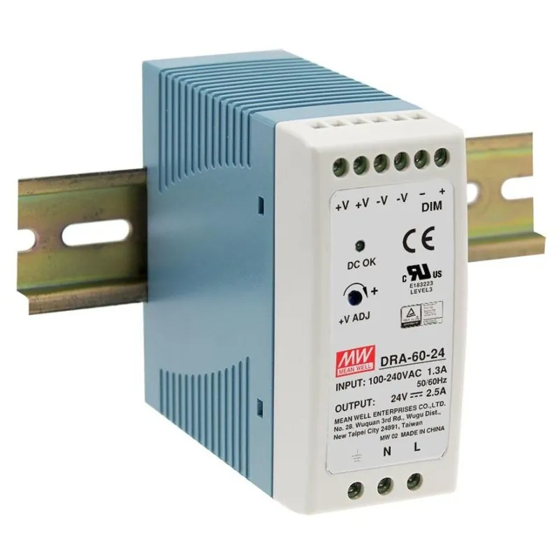 MEAN WELL ZDROJ AC/DC NA DIN LIŠTU DRA-60-24 60W VSTUP 90-264V AC, 127-370V DC VÝSTUP 24V 0-2.5A 92493 Jen Po Omezenou Doba