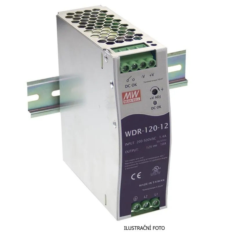 Sezónní Sleva MEAN WELL ZDROJ AC/DC NA DIN LIŠTU WDR-120-24 120W VSTUP 180-550V AC, 254-780V DC VÝSTUP 24V 0-5A 90222