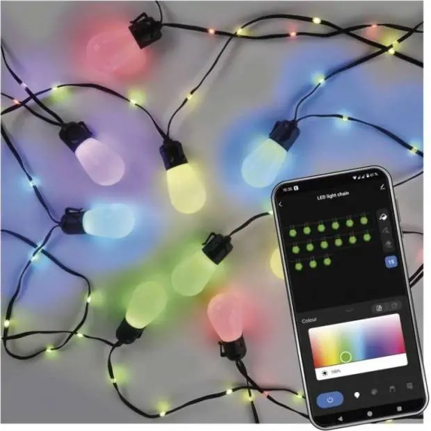 Výprodej ZIW17FR GoSmart LED světelný řetěz – 15× párty žárovky, 15 m, venkovní i vnitřní, RGB, WiFi EMOS