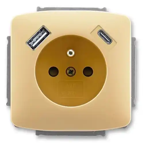 Expresní Doručení Zásuvka jednonásobná s ochranným kolíkem, s clonkami, s USB nabíjením (USB-A + USB-C) ABB Tango 5569A-A32357 D béžová