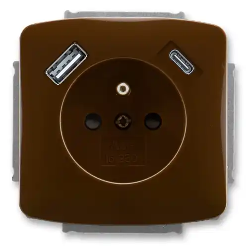 Zásuvka jednonásobná s ochranným kolíkem, s clonkami, s USB nabíjením (USB-A + USB-C) ABB Tango 5569A-A32357 H hnědá Výprodej