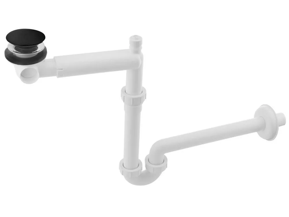 Časově Omezené URBINO umyvadlový sifon šetřící místo s Click Clack výpustí, keramická zátka černá mat, 5/4", odpad 32mm, bílá